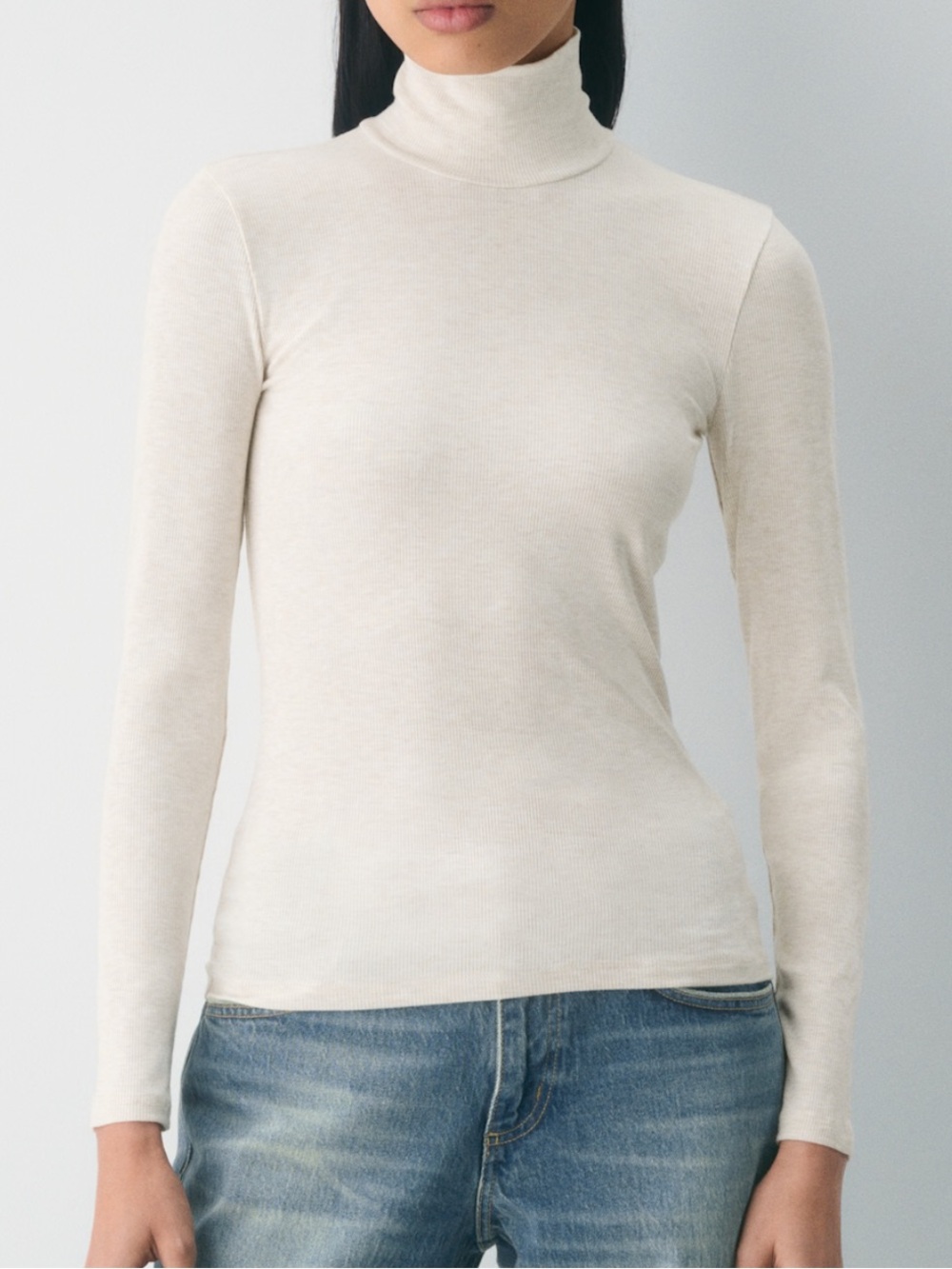 Aritzia Ribbed Long Sleeve Mock Neck Top in marled cream tan